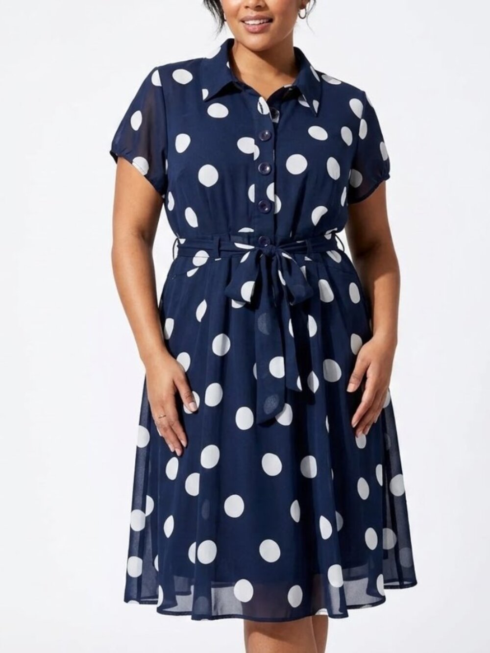 ILE NEW YORK Mod Polka Dot Button Front Shirt Dress Navy White Size 18
